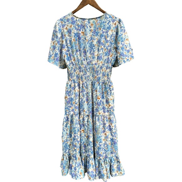 Tiered Abstract Floral Print Maxi Sundress Shirred Waist Flowy Sleeves by Entro - Picture 3 of 6